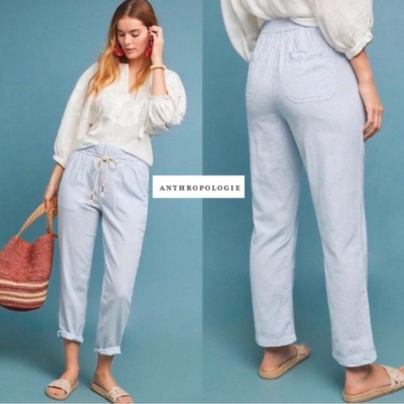 by Anthropologie Seashore Blue Stripe Linen Casual Lightweight Coastal Pants - Picture 1 of 15